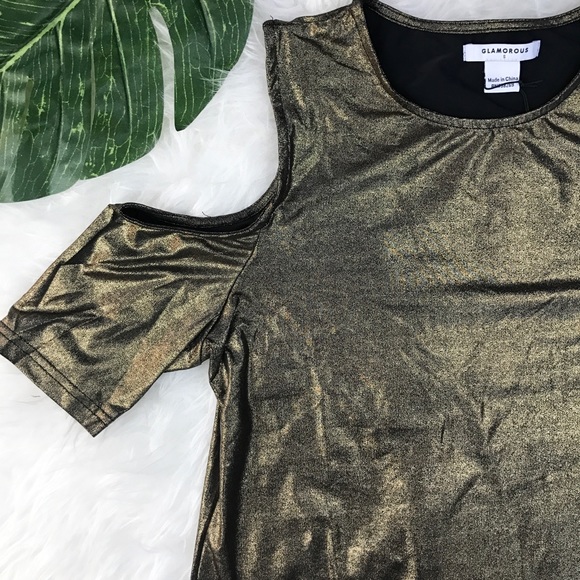 GLAMOROUS • Gold Metallic Cold Shoulder Dress - Picture 3 of 7